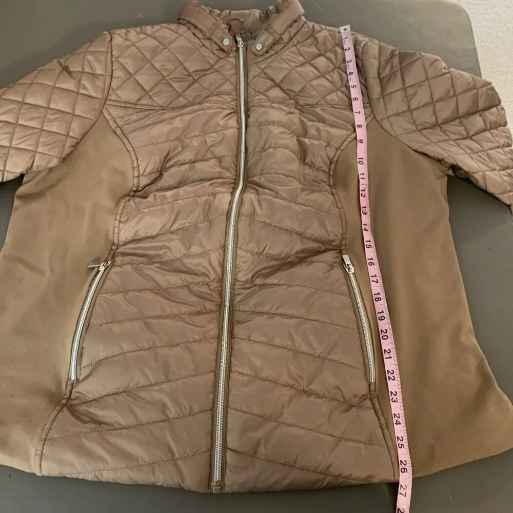 Susan Graver Womens XL Quilted Jacket Ponte Side Panels Zip Pockets Tan Puffer - Picture 11 of 14